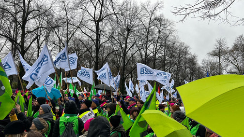 man sieht zahlreiche Demoteilnehmer mit Fahnen